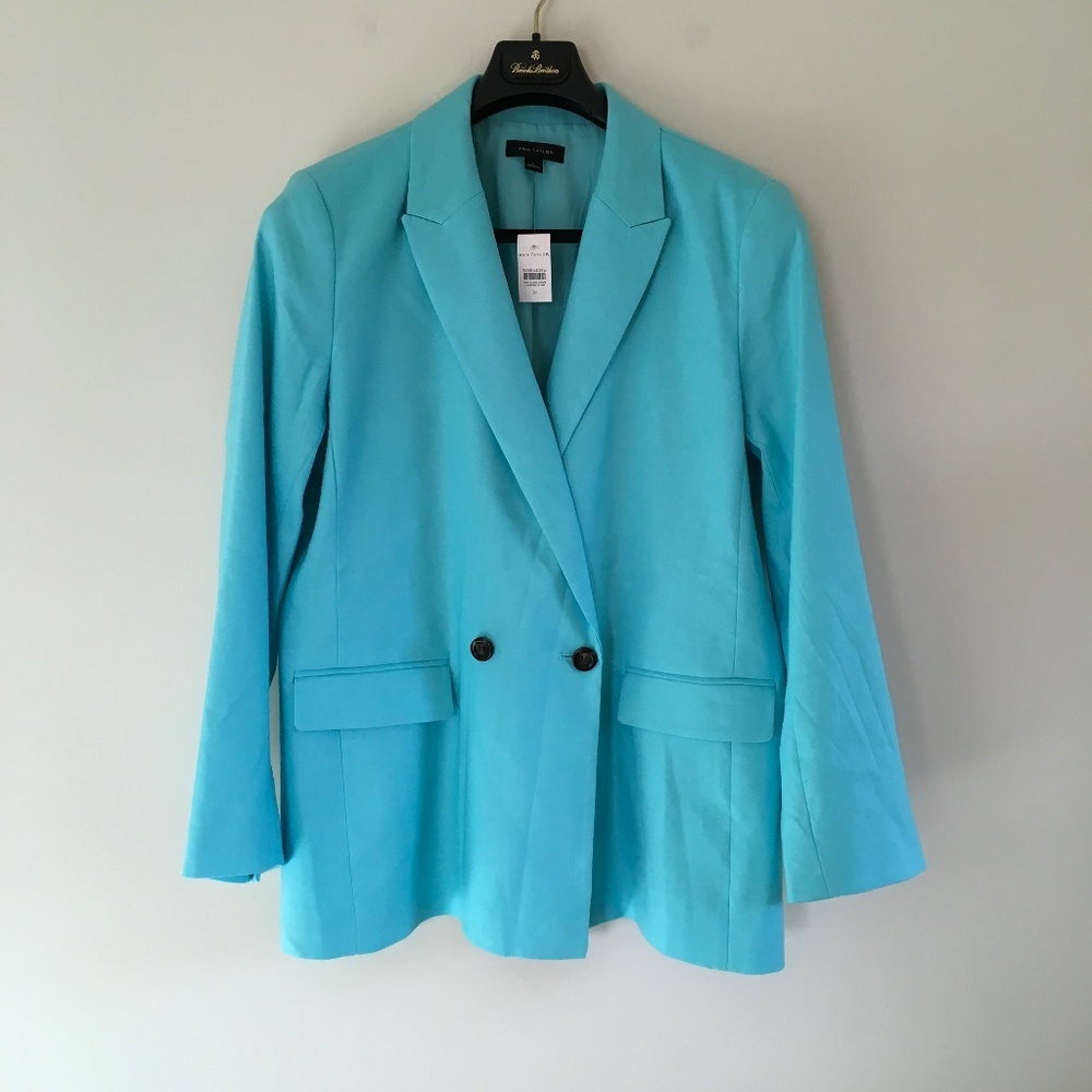 Ann Taylor $198 Aqua Pop Relaxed Double Breasted Long Blazer Linen Blend Sz 14